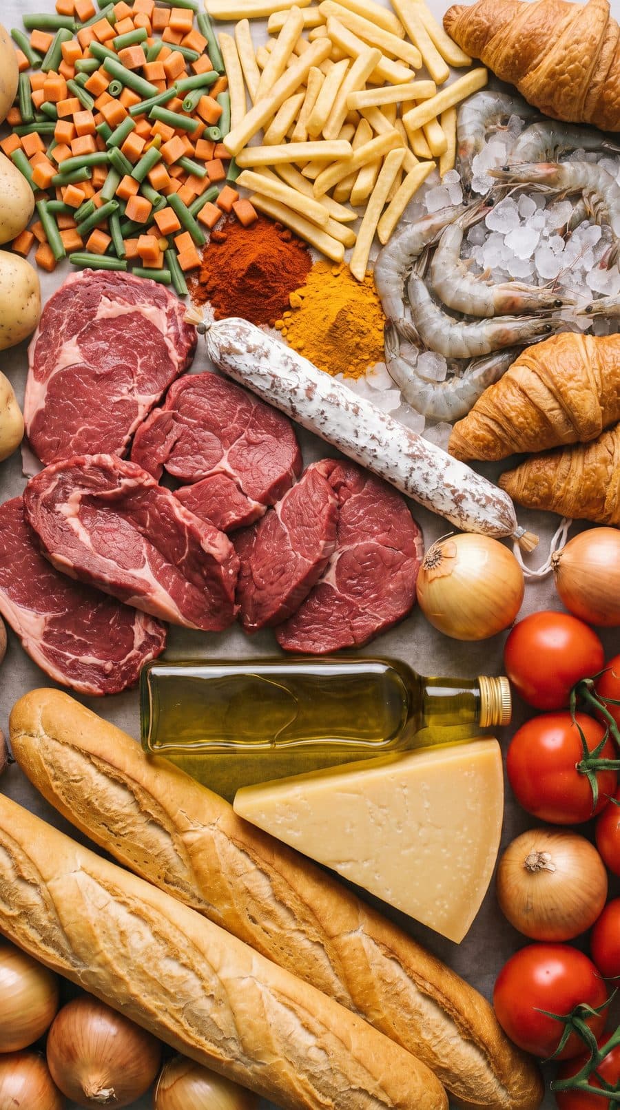 Viandes, charcuterie, fromages, pains, viennoiseries, crevettes, frites, légumes et épices réunis
